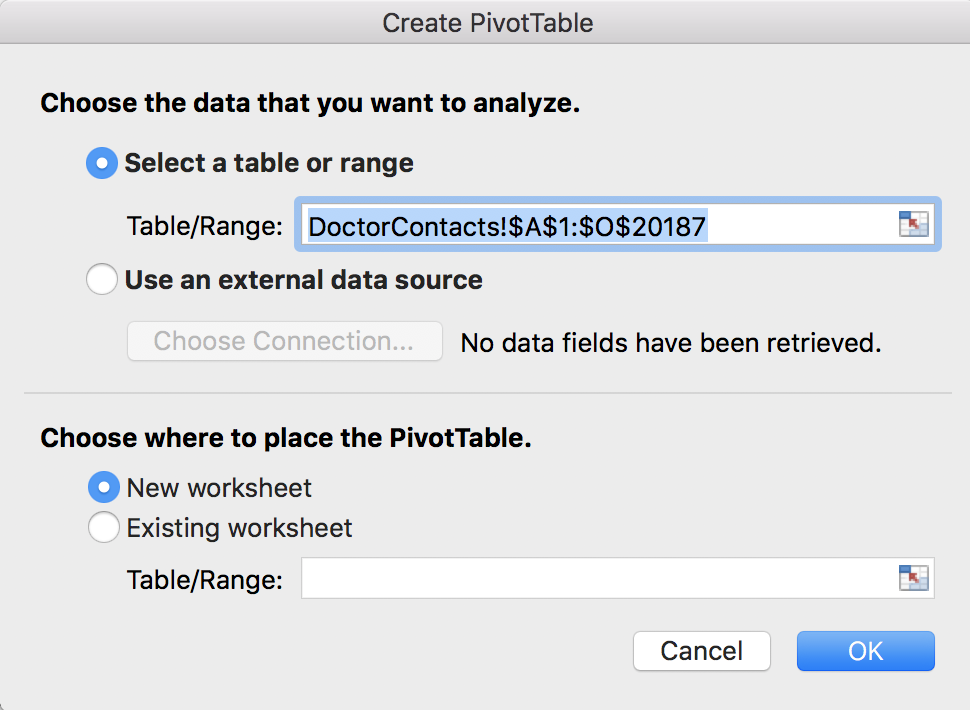 Create Pivot Window Without table